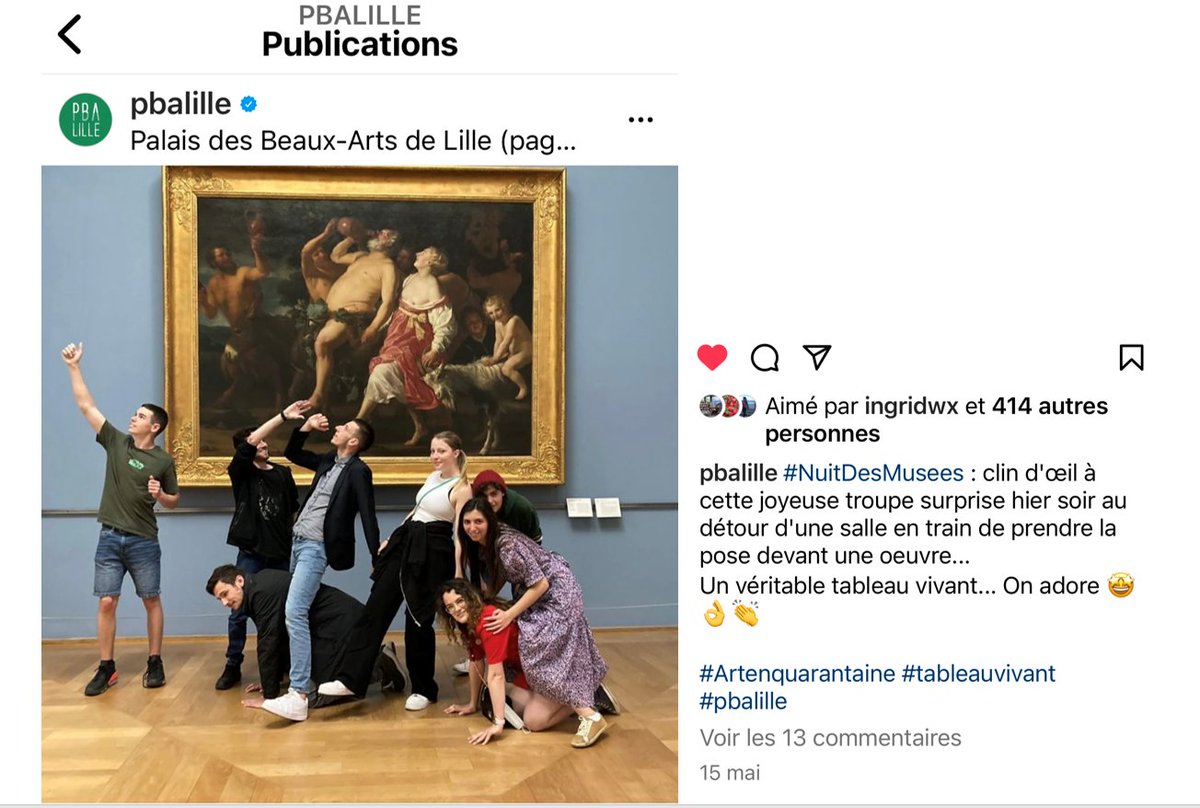 Pour terminer, une illustration qui montre bien la filiation entre deux pratiques sociales et artistiques : les tableaux vivants et les copies créatives des #museumchallenge