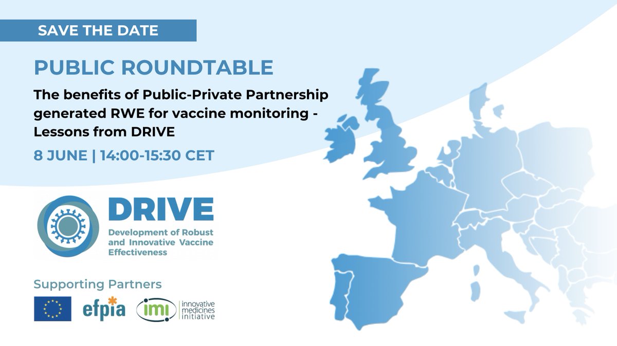drive_eu's tweet photo. 🗓️ 8 June 2022
As part of its #AnnualForum, DRIVE will be hosting a high-level public roundtable to discuss the value of public–private partnerships generated Real World Evidence (RWE) for vaccine monitoring in #Europe.

🖥️ Save your place, register today: https://t.co/y2LMDAGQzH https://t.co/Dwwc8HVsAm