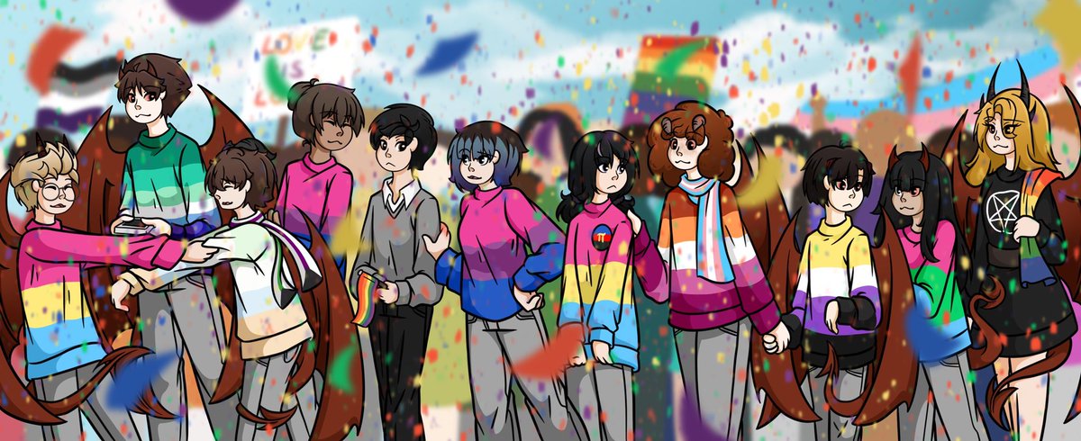 z1cklein's tweet photo. Welcome to one of my many planned #pride artworks🙌‘
The drawing of all my queer characters wearing flag-sweaters is a tradition by now😂 I think I did it for the last three years now
#digitalart #artist #Procreate #originalcharacter #LGBTQ #HappyPrideMonth https://t.co/tPleMQtyMj