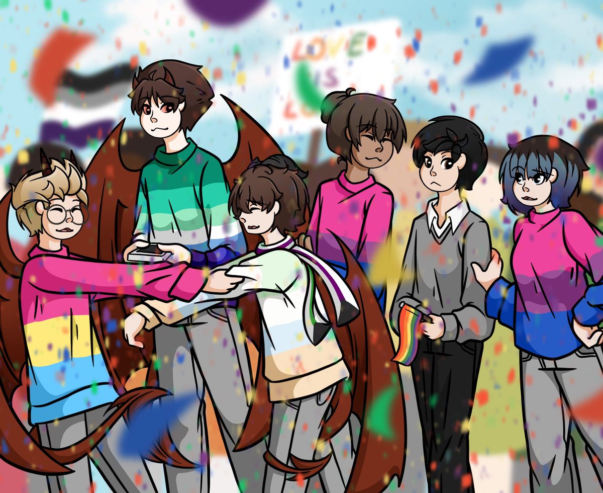 z1cklein's tweet photo. Welcome to one of my many planned #pride artworks🙌‘
The drawing of all my queer characters wearing flag-sweaters is a tradition by now😂 I think I did it for the last three years now
#digitalart #artist #Procreate #originalcharacter #LGBTQ #HappyPrideMonth https://t.co/tPleMQtyMj