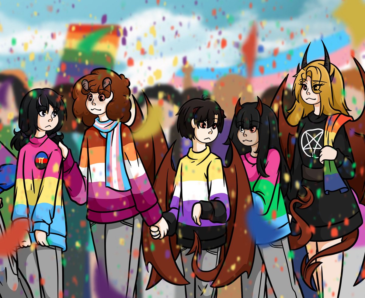 z1cklein's tweet photo. Welcome to one of my many planned #pride artworks🙌‘
The drawing of all my queer characters wearing flag-sweaters is a tradition by now😂 I think I did it for the last three years now
#digitalart #artist #Procreate #originalcharacter #LGBTQ #HappyPrideMonth https://t.co/tPleMQtyMj