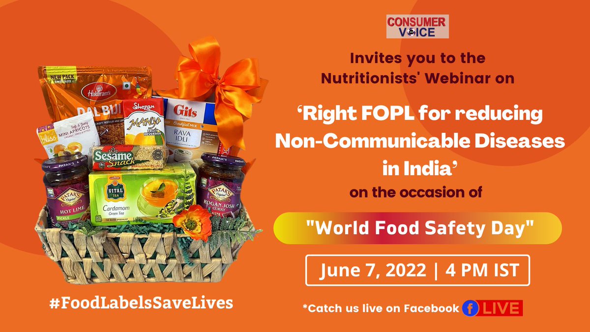 Consumer VOICE invites you to Nutritionists' webinar on 'Right FOPL for reducing Non-Communicable Diseases in India' this #WorldFoodSafetyDay on June 7th, 4 PM onwards. Stay in tune for more details. #FoodLabelsSaveLives Join the webinar via link below: us06web.zoom.us/j/89900731057?…