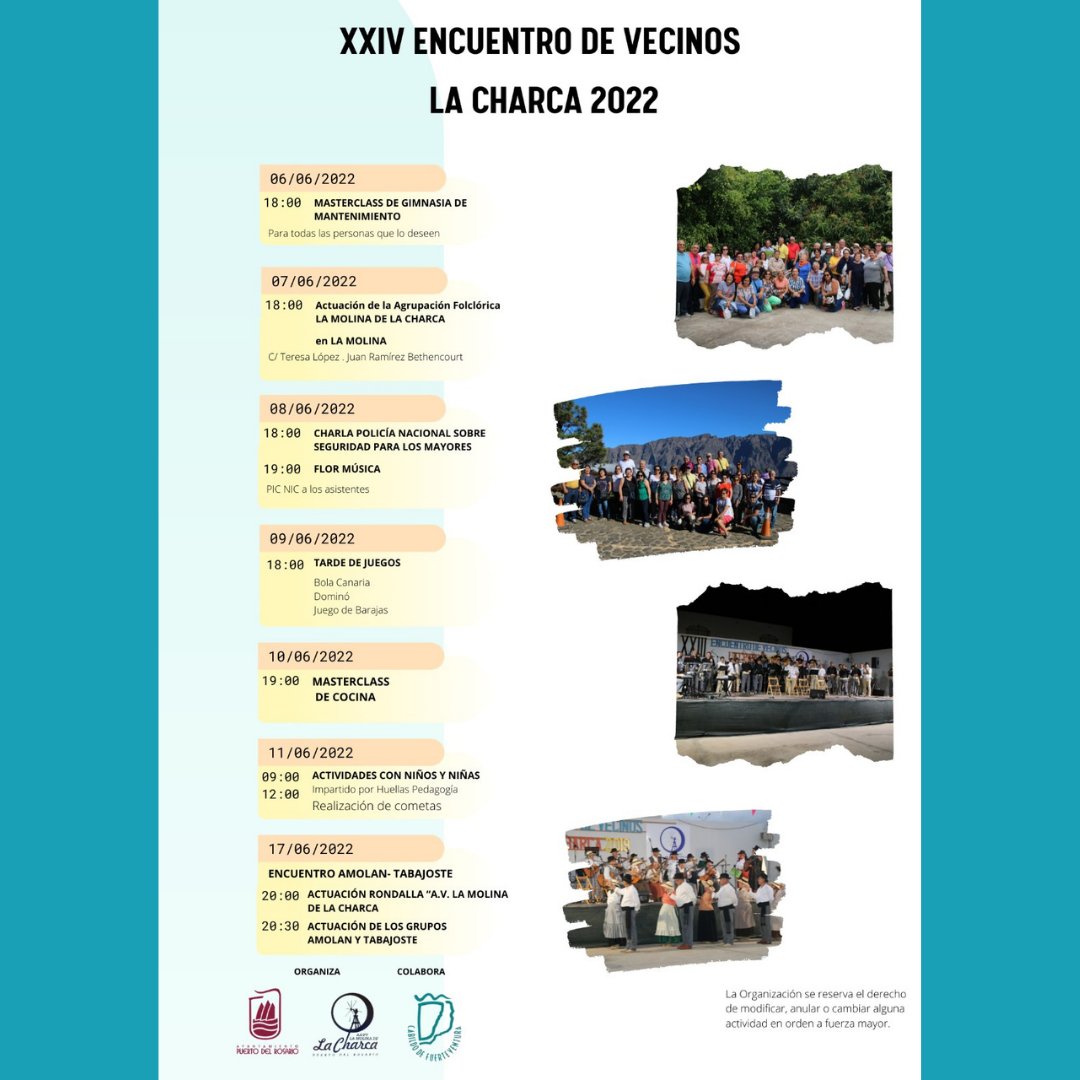 📢📢 Desde la Concejalía de <a href="/PCiudadanaPto/">Participación Ciudadana Puerto del Rosario</a> del Ayto <a href="/PuertoRosario/">Ayuntamiento de Puerto del Rosario</a> te invitamos a participar en el XXIV ENCUENTRO DE VECINOS LA CHARCA 2022. 

🤸‍♂️🤹🚶‍♂️ACUDE Y PARTICIPA ‼️

#encuentrovecinal #lacharca2022 #pueblosybarrios #puertodelrosario #fuerteventura
