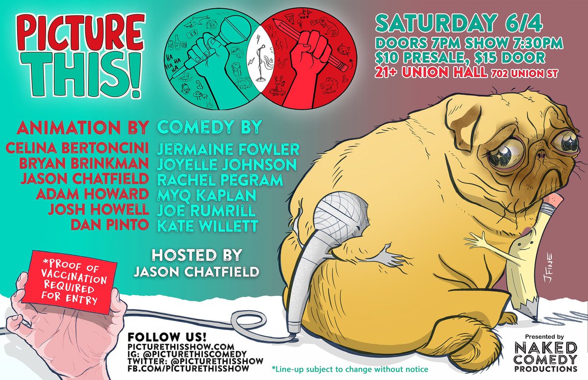 UnionHallNY's tweet photo. This Saturday night, @NewYorkCartoons hosts @PictureThisShow!

Featuring Jermaine Fowler, @joyellenicole, @rachelpegram, @myqkaplan, @2tonbug &amp; @katewillett!

Animation by @bryanbrinkman, @danpinto, @sunkissedart, @at_howard &amp; @omegalbagel! 

🎟: https://t.co/mebTDFPowW https://t.co/uFwTQcsApT