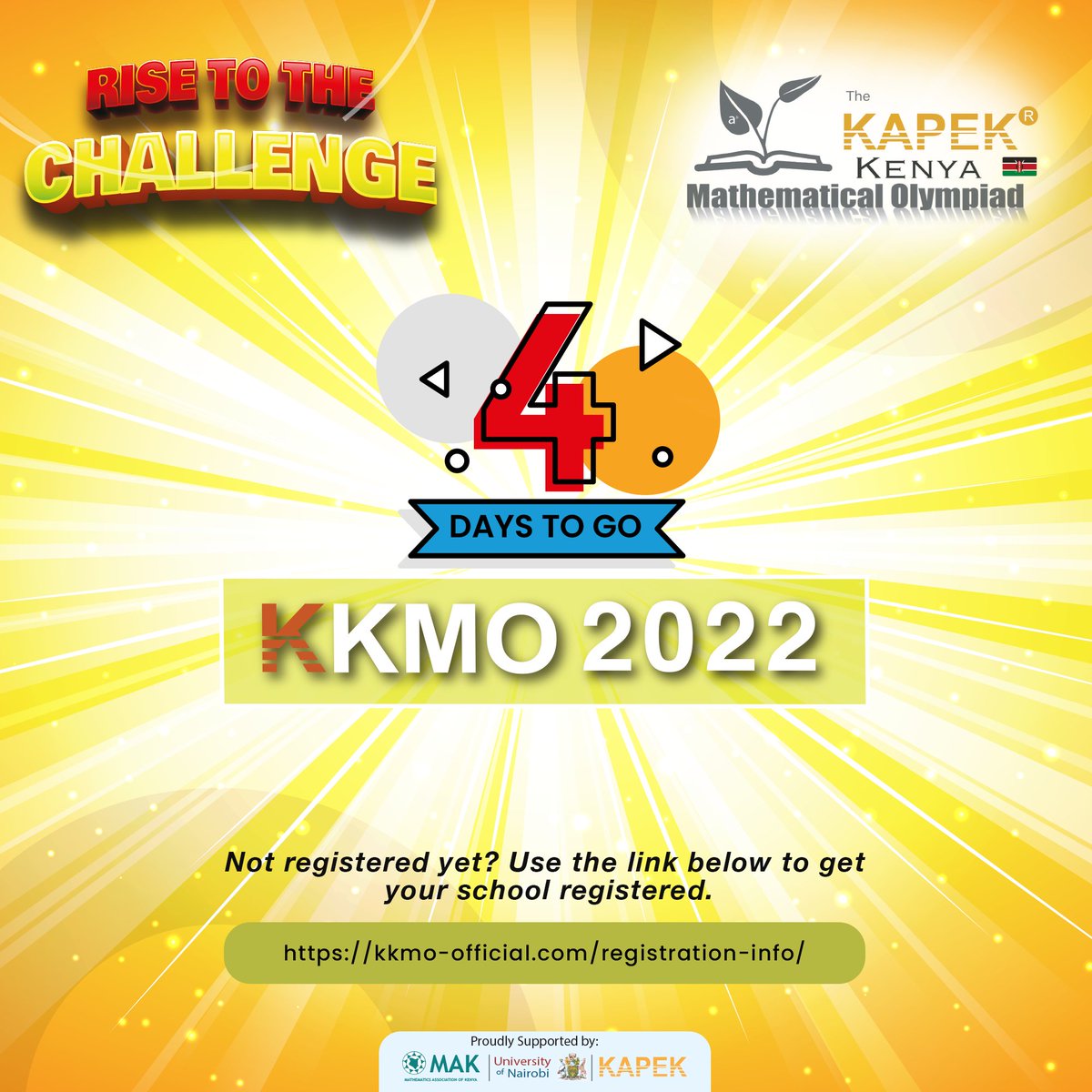 4 days left!
The KAPEK Kenya Mathematical Olympiad 2022!
Monday, June 6th, 2022.
Join the league of schools participating in Kenya's biggest math olympiad where top winners will go on to represent their schools and Kenya at the international math olympiad.
kkmo-official.com/registration-i…