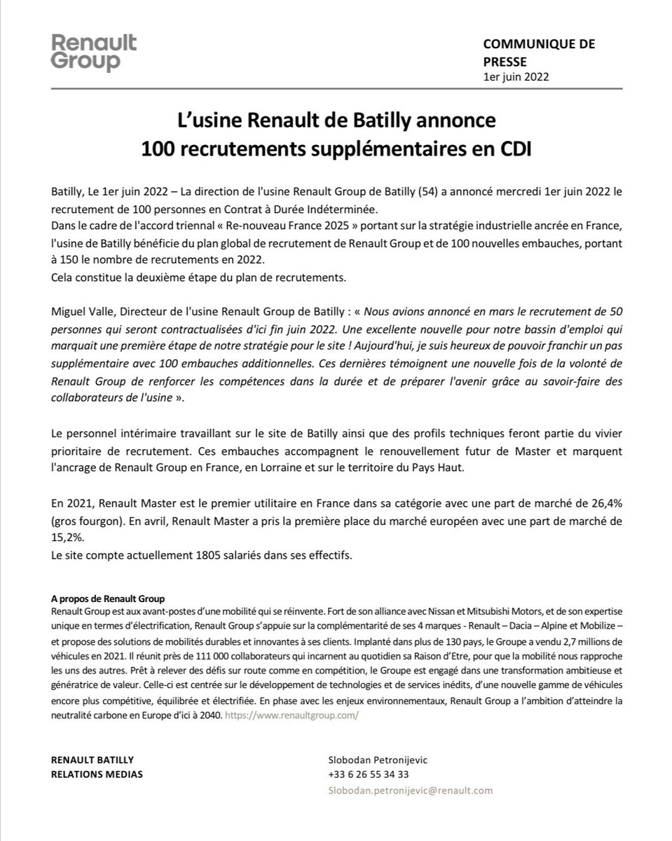 VGUILLOTIN's tweet photo. đ Lâusine #Renault de #Batilly annonce 100 recrutements supplĂ©mentaires en #CDI avec une prioritĂ© pour les intĂ©rimaires dĂ©jĂ en poste.
â
Une bonne nouvelle pour le territoire qui s'inscrit dans le cadre du « Re-nouveau France 2025 ». https://t.co/mJu57DfTqf