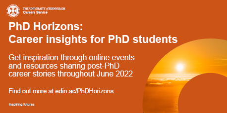 uofedcareers's tweet photo. We’re delighted to be starting our annual focus on PhD Horizons. Whether you’re a current PhD student, about to start a PhD, or recently finished, we’re sure you’ll find inspiration from what’s on offer. Check the website for an overview: https://t.co/uunN5ScIj9 https://t.co/gzdjioGRes