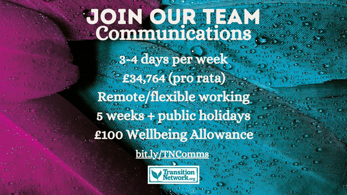 transitiontowns's tweet photo. If you're looking for a job that's rooted in #sustainability, #climatejustice, and #socialjustice - check out this opportunity to join the @transitiontowns team. Amplifying the impact of community action and regeneration across the world.

https://t.co/hDJBAPE5Y4 https://t.co/pzFYy5DgOR