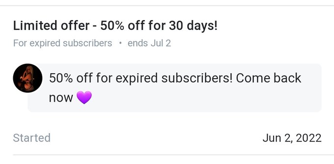 Expired subscriber?  Get 50% off if you resub now! 💜  https://t.co/x6e1sMwzpH https://t.co/Gd3efCySx