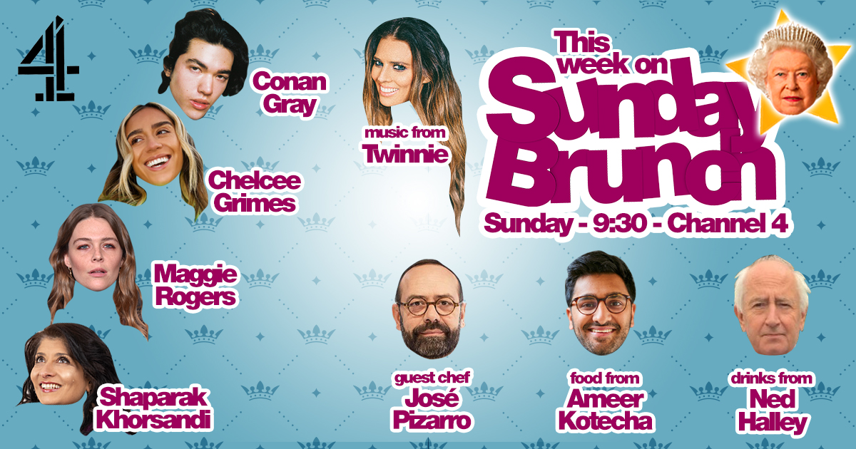 SundayBrunchC4's tweet photo. Tomorrow on #SundayBrunch! 📺 @conangray, @ChelceeGrimes, @maggierogers & @ShappiKhorsandi are joining us! 😁 With food from @ameer_kotecha, drinks from #NedHalley and GUEST CHEF @Jose_Pizarro 🤩 PLUS LIVE MUSIC from @TwinnieOfficial 🎶 https://t.co/k1rbw5g2lc