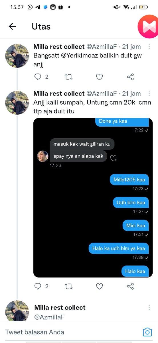 adekhwangyeji's tweet photo. TOLONG BANGET YA INI 081220843283 NOMOR AKU DAN AKU GA GUNAIN INI UNTUK NIPU.

Ini kemarin ada yang cv di aku lewat WA nominalnya 20k dan ternyata dia pake nomer aku buat nipu @AzmillaF .
Nomer shopeepay yang WA aku 0881010548523
0881010548523
Dan WA dia
083834312247
083834312247 https://t.co/bOmkzZFgga