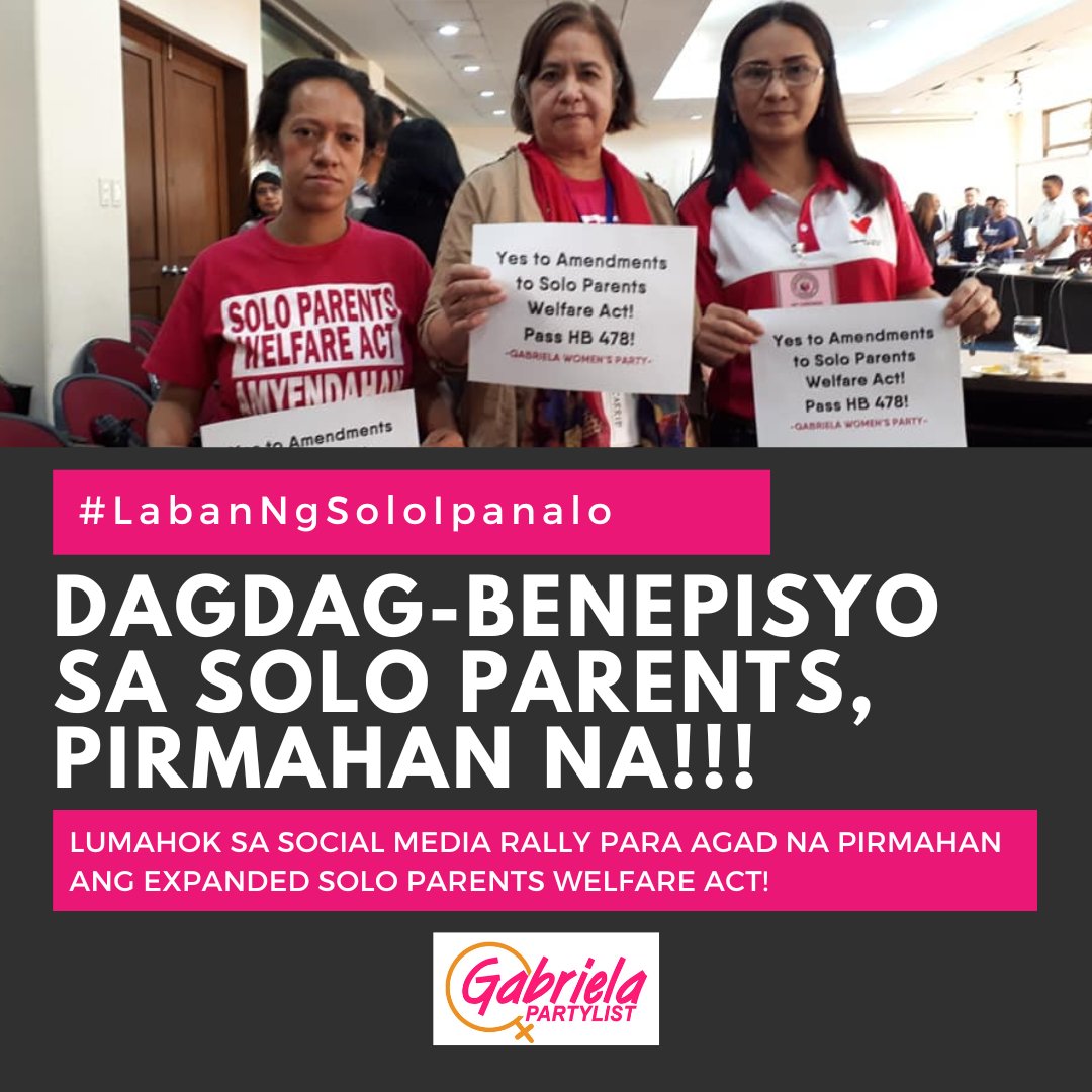 #LabanNgSoloIpanalo !!! We have received information that President Duterte is inclined to veto our Expanded Solo Parents Welfare bill! 

We must not let this happen! Let's amplify our call to enact additional benefits for solo parents -- especially in this very difficult time!