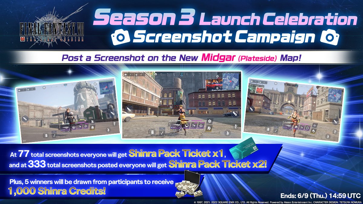 FFVII_FS_EN's tweet photo. 📸Screenshot Campaign📸
Post your screenshot on the new Midgar Plateside with hashtag #FF7FSSeason3Launch!
At 77 screenshots everyone gets a Shinra Pack Ticket! At 333 screenshots everyone gets Shinra Pack Ticket x2!
5 winners will be drawn to get 1000 Shinra Credits!
Ends 6/9! https://t.co/B2seG4wyny
