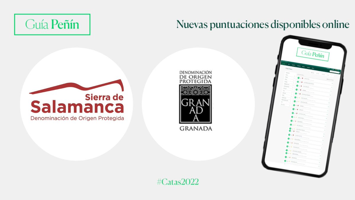 🔍Desde hoy ya puedes consultar en nuestro buscador online las puntuaciones de los #vinos de las siguientes Denominaciones de Origen que aparecen en la imagen: <a href="/DOSalamanca/">DO Sierra Salamanca</a> (33 catas) y #DOGranada (21 catas)
#GuíaPeñín2023 #CatasPeñín2022

➡️guiapenin.wine/guide/zones