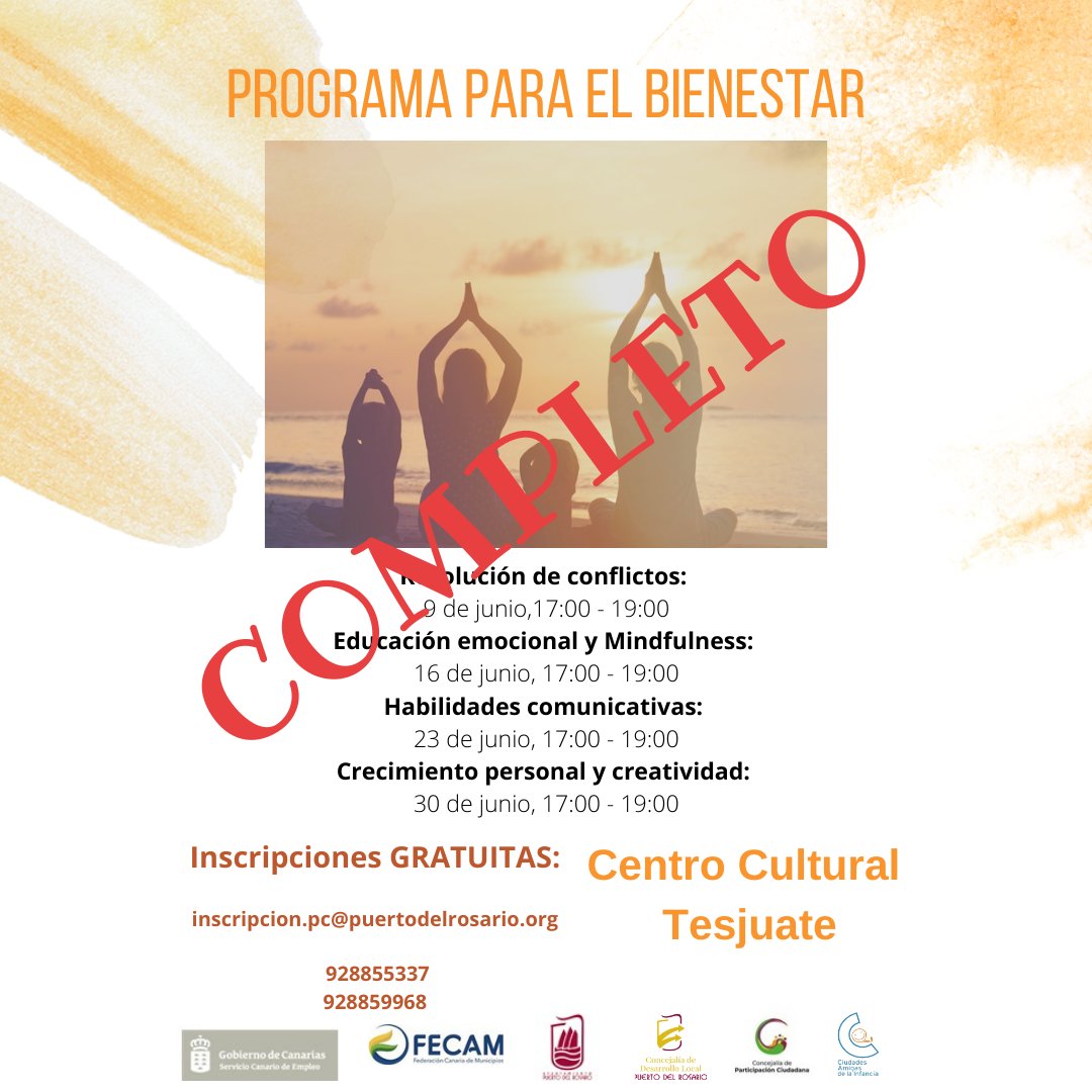 ‼️IMPORTANTE‼️

❌️ Las inscripciones del Programa para el Bienestar de la Concejalía de <a href="/PCiudadanaPto/">Participación Ciudadana Puerto del Rosario</a> del Ayto <a href="/PuertoRosario/">Ayuntamiento de Puerto del Rosario</a> quedan cerradas por aforo completo.

✅️ Gracias por la acogida 😉

#bienestar #saludemocional #cuidarnos #pueblosybarrios #puertodelrosario