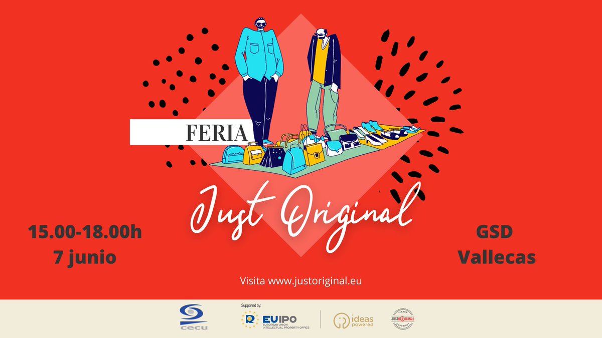 CECUconsumo's tweet photo. 📅Tenemos una cita📅
Ven el próximo martes a nuestra feria #JustOriginal sobre el fenómeno de las #falsificaciones y la importancia de la propiedad intelectual para proteger a #consumidores y creadores 🛡️

📌Av. del Parque de Palomeras Bajas, 14, Madrid
⏰7 junio 15.00-18.00h https://t.co/Me96Lfw8Lq