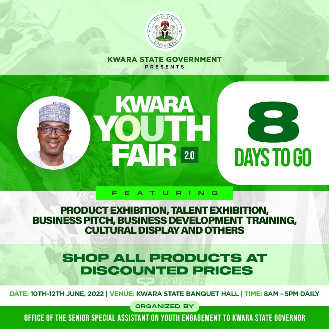 KwaraSSAYouth's tweet photo. 8 DAYS TO GO

The Kwara State Government aims to connect young entrepreneurs in the state with more customers and investors at the 2nd edition of the Kwara Youth Fair holding on June 10th-12th,2022.

Join us and support our enterprising youths in the state.  #KwaraYouthfair2.0 https://t.co/BOUiLU5Xx0