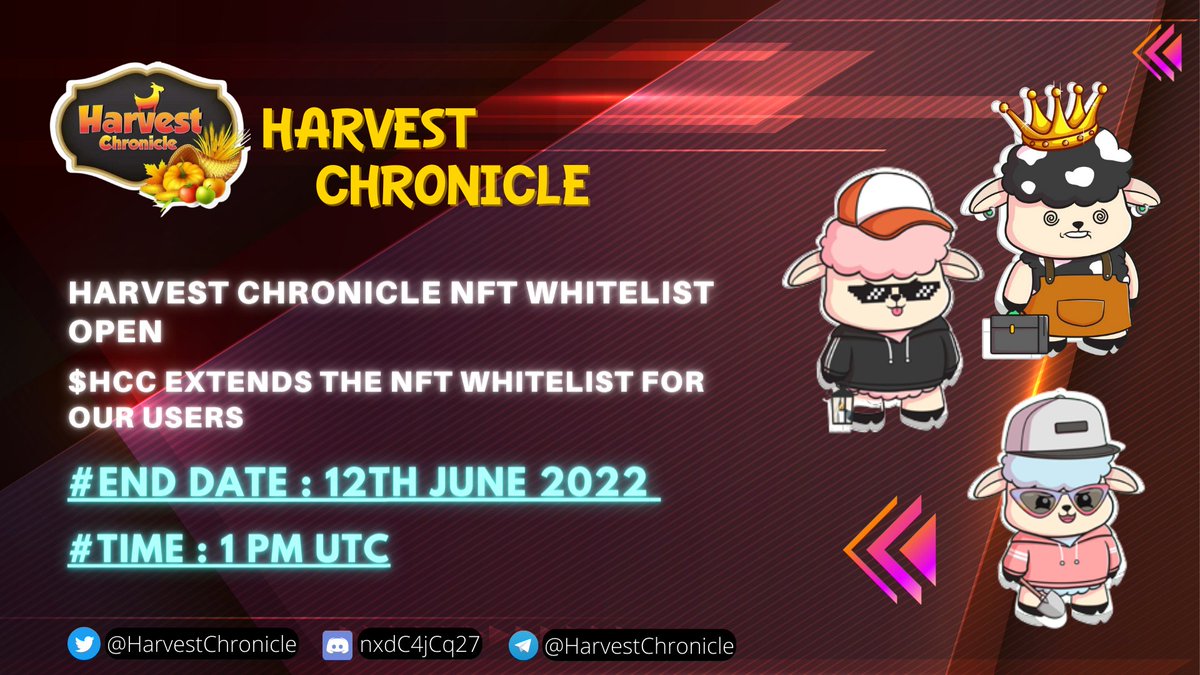HarvestChronicl's tweet photo. Harvest Chronicle NFT Whitelist Open

$HCC Extends the #NFT #Whitelist For Our Users📦🚀

Winners : 5,000
Date: 12th June 2022
Time: 1 PM UTC

To Participate Complete the #Form 👇
https://t.co/XzmIUpBvKj

Thank you for your participation! 
Best Regards,

$HCC Team! https://t.co/skRLXMAmsZ