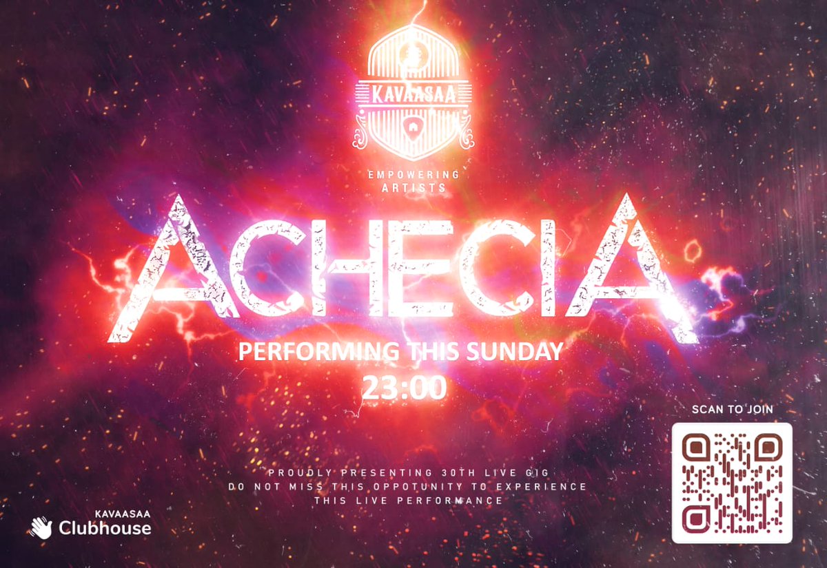 We are pleased to announce that one of the most significant local band <a href="/achecia/">Achecia</a> Will be performing at #Kavaasa #Clubhouse on this Sunday at 2230hrs 😊

Join our virtual live gig &amp; listen 
Achecia 👇

clubhouse.com/join/kavaasaa/…