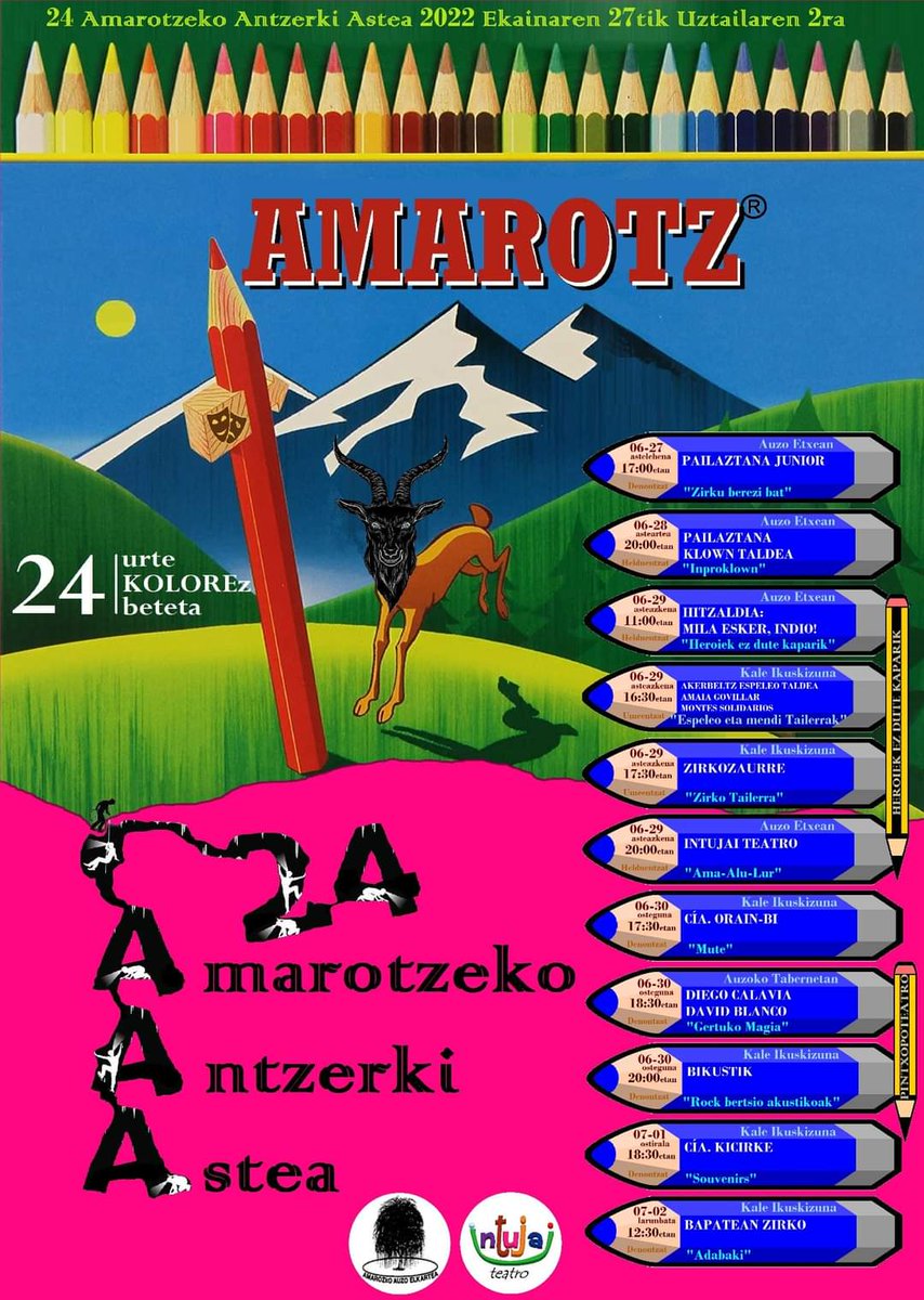 Hemen da...
24 AMAROTZEKO ANTZERKI ASTEA 2022
 24 urte emozioak margotzen 
2022ko ekainaren 27tik uztailaren 2ra
+INFO:
intujaiteatro.blogspot.com/2022/06/24-ama… 

Ya está aquí...
24 SEMANA DE TEATRO DE AMAROTZ 2022
24 años pintando emociones 
+INFO:
intujaiteatro.blogspot.com/2022/06/24-ama…