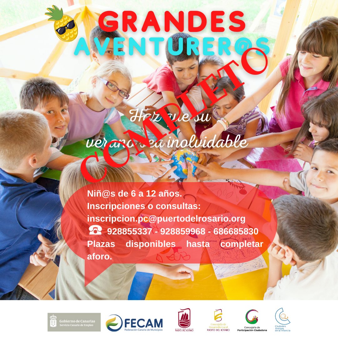‼️ IMPORTANTE
❌️ La primera escuela de verano de #PuertodelRosario: GRANDES AVENTURER@S completa el aforo en todos sus grupos. 

✅️ Queda abierta lista de espera por posibles bajas. 

ℹ️ tlfnos y correo en el cartel 

@aytopuertodelrosario 

#escueladeverano #educación