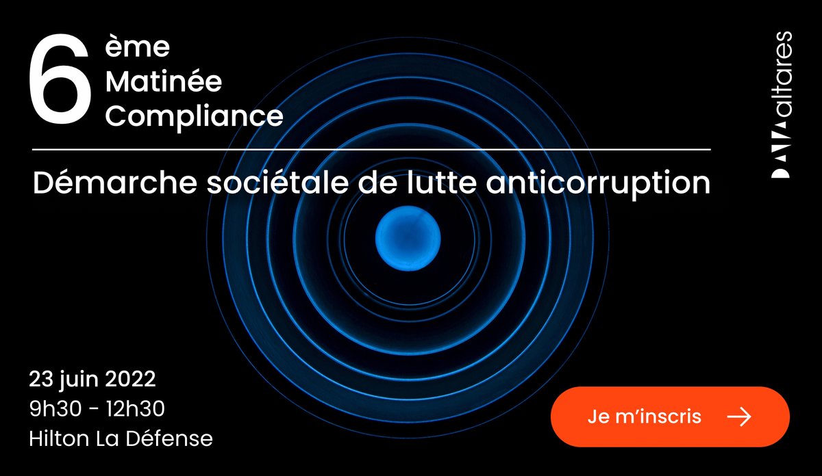 J-21 🗓 6ème Matinée #Compliance 
Le RDV incontournable des acteurs de la #conformité fait son grand retour le 23 juin 2022 !
Thème : "Les outils et technologies au service d’une démarche sociétale de lutte anticorruption" 🔉
Inscrivez-vous ⤵️ 
bit.ly/3M8LSj9