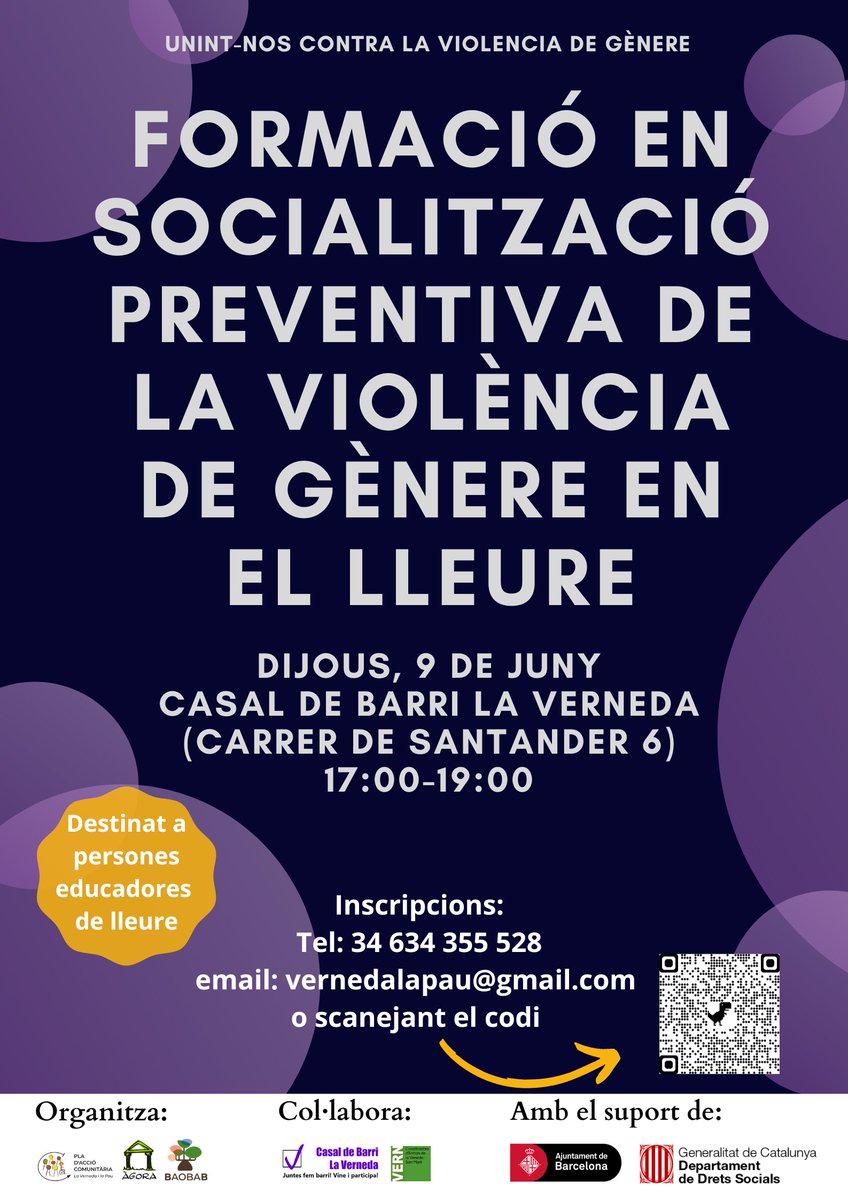 Pròxim dijous 8 de juny, Formació en Socialització Preventiva de la violència de gènere per a persones educadores en el lleure, de la Verneda i La Pau. 
Inscripcions: forms.gle/kKE6KL2nMbveCL…