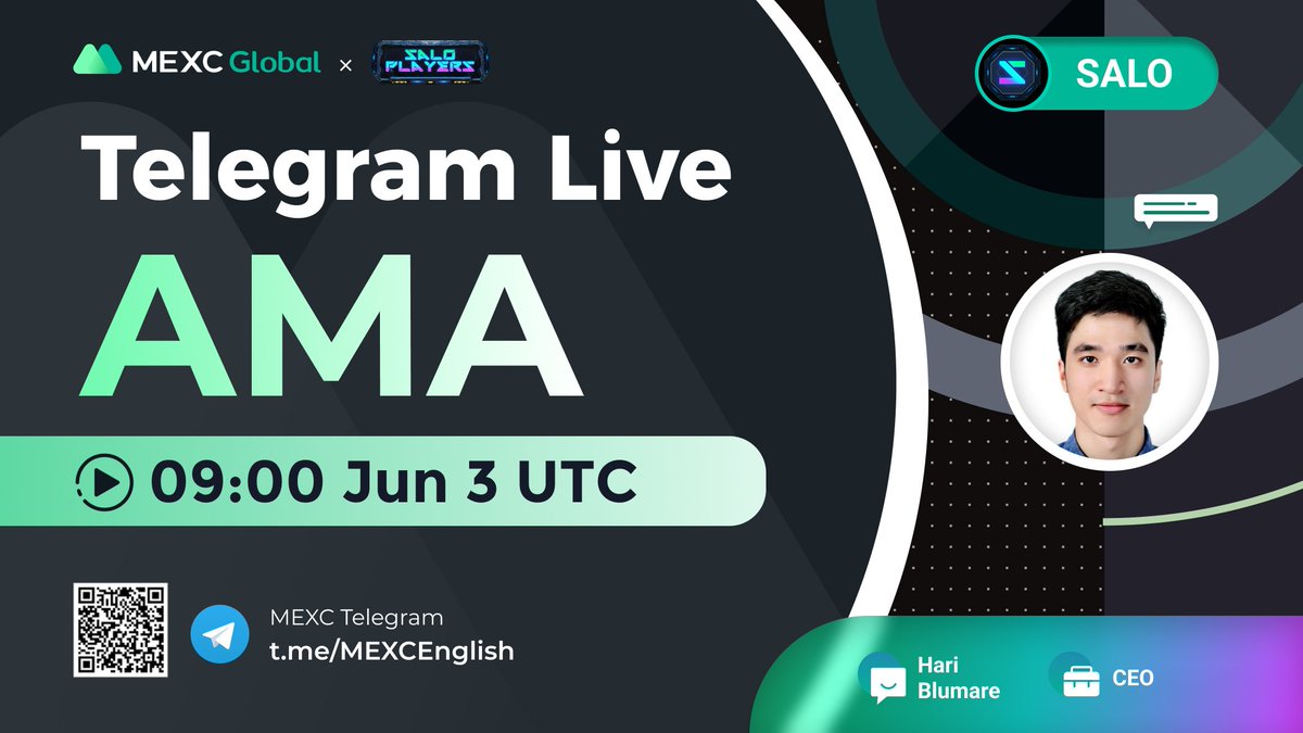 Join #MEXC AMA with #SaloPlayers at 9am UTC on Jun 3 in our Telegram group: t.me/MEXCNA

10ppl * 625 $SALO giveaway:
✅Follow @MEXC_Global  &amp; @saloplayers
✅Like, RT &amp; Tag 3 frds
✅Sign up: bit.ly/3gzIm3J

More rewards for grabs at live #AMA!