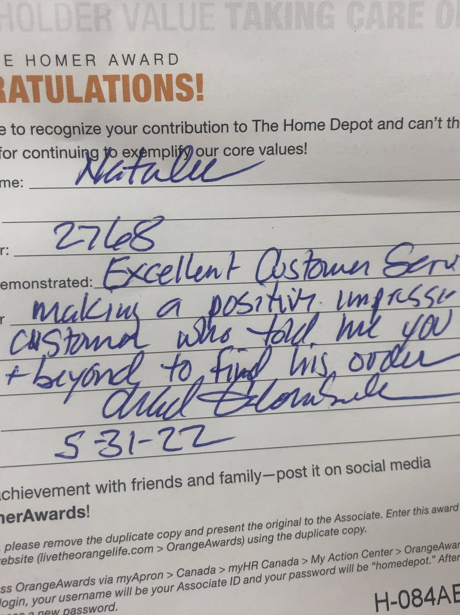 Got an Homer Award from my store manager yesterday for customer service. This made a difference in my day.<a href="/chadgee1/">Chad Galombeck</a> <a href="/mirandie11/">Miranda King</a>