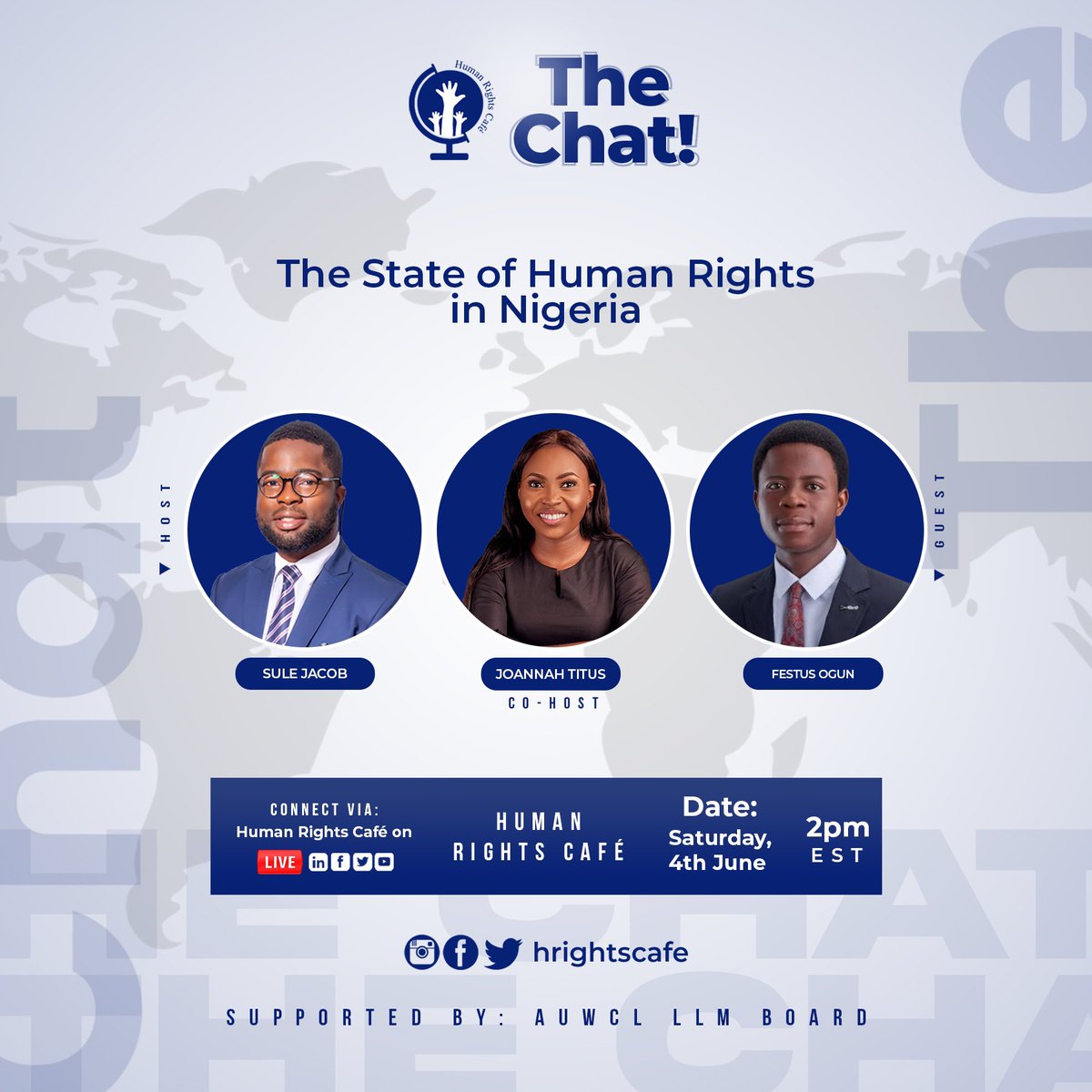 Constitutional Lawyer & Human Rights Activist @mrfestusogun will be discussing the 'State of Human Rights in Nigeria' @hrightscafe  on Saturday 4th of June at 7pm Nigerian time and 2pm EST. You can watch the live streaming on Facebook via Human Rights Café Timeline. Thank you!