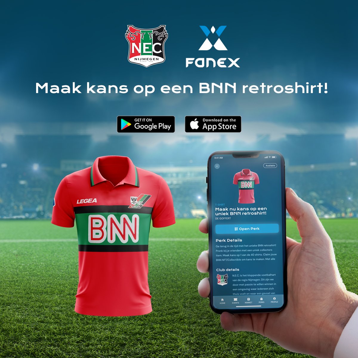 necnijmegen's tweet photo. 😍 | Maak kans op 1 van de 40 BNN retroshirts!❤️💚🖤
Vanaf vandaag kun jij gratis een officiële N.E.C.-NFT claimen! Met deze NFT maak jij kans op 1 van de 40 BNN retroshirts. De eerste NFT-collectie van N.E.C. bestaat uit een vijftal Bart de Graaff NFT's.
#FanEX #NFT #NFTs https://t.co/sbkOYKggrL