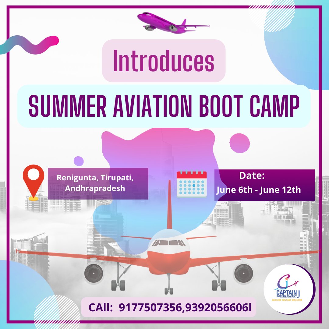 CaptainJavia's tweet photo. ✈️ Aviation Summer Boot Camp 2022

Captain J Aviation Academy invites all age groups &amp; geneders to take part in the Aviation Summer Camp followed by AVIATION EXHIBITION 2022

Adrs:  REnigunta, Tirupati. 

Call:  9177507356 | 9392056606
https://t.co/QI98A26nyS
#Aviationacademy https://t.co/jrUEqMjEwo