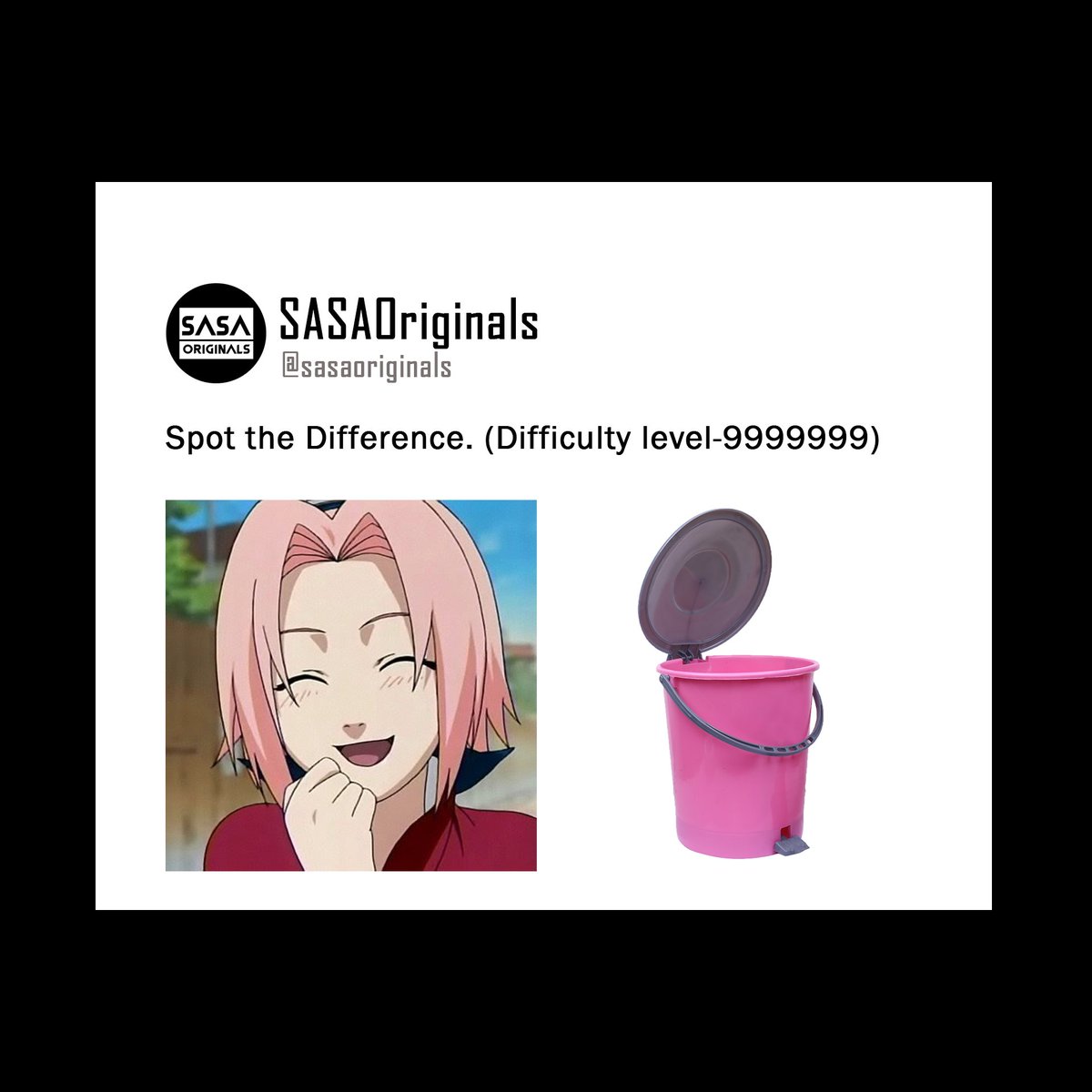 sasaoriginal's tweet photo. Day 50 and I still cannot find a single difference between these two images 🥵🤯😰
.
.
.
#sasaoriginals #anime #naruto #sakura #sakuratrash #trashcan #funnymemes #animefunny #animememes #narutofunny #narutomemes #sakuramemes https://t.co/vDv5yjQHIB