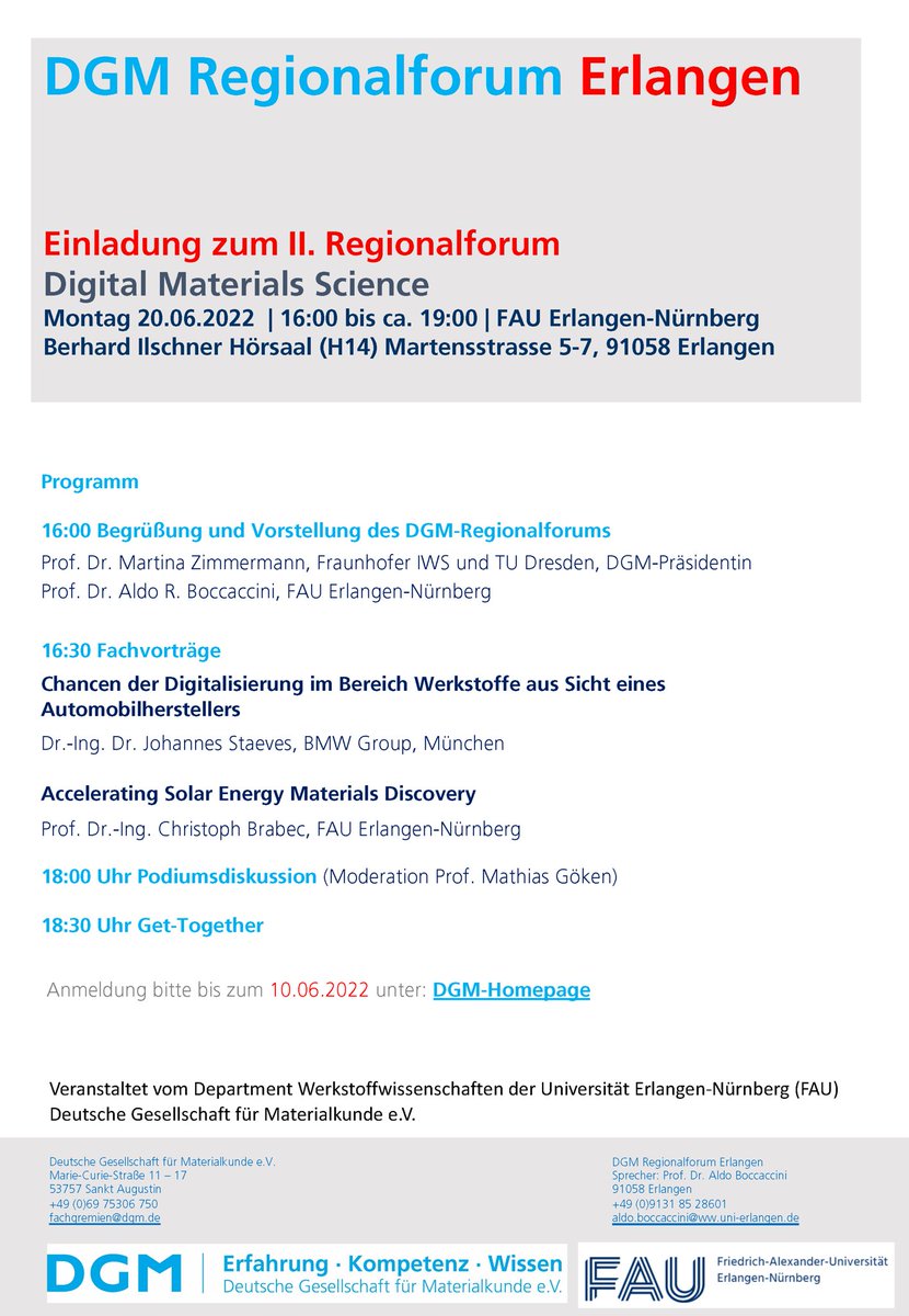 DeptWW_FAU's tweet photo. Am 20.6.2022 findet das 2. DGM-Regionalforum mit dem Thema „Digital Materials Science“ statt.
Die Teilnahme ist kostenlos, es wird aber um eine Anmeldung bis zum 10. Juni 2022 gebeten unter
https://t.co/V5GhIHWusr
#materialsscience_fau @UniFAU @BMW @FraunhoferIWS @tudresden_de https://t.co/0wEpQaHsM0