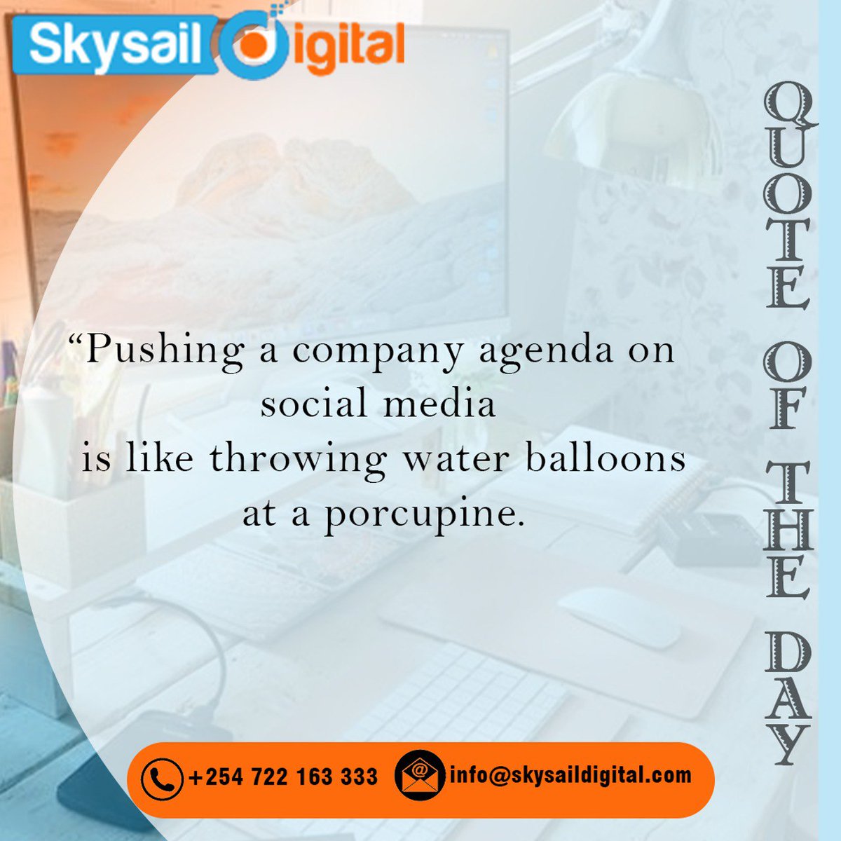 SkysailD's tweet photo. “Pushing a company agenda on social media is like throwing water balloons at a porcupine"

Trust the experts to grow your business online!

🌐 https://t.co/5QscE8Lnym

#socialmediastrategy #digitalmarketing #digital #socialmediamanagement #online #growyourbusinessonline https://t.co/yxhF8eYd3X