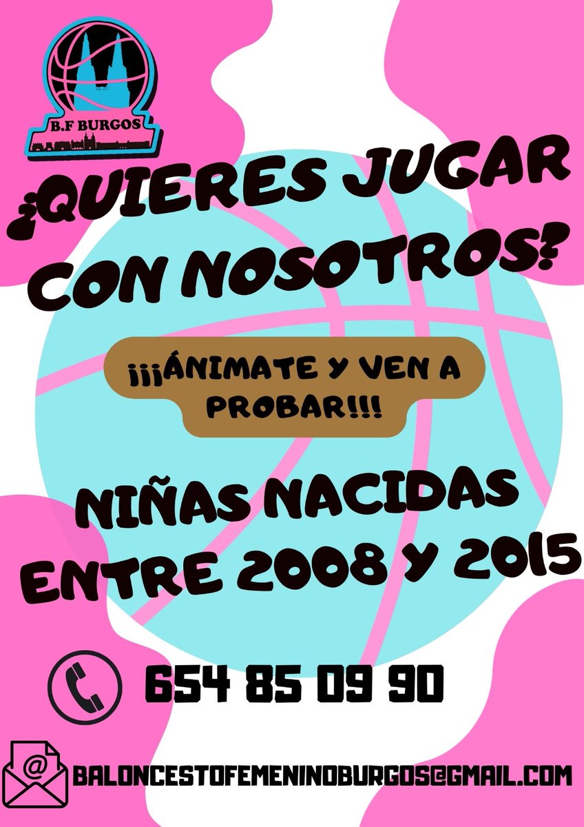 FemeninoBurgos's tweet photo. ¿Te gusta el baloncesto?,no te lo pienses.
¡Ven a jugar con nosotros!

Aprende y diviértete practicando el deporte que tanto nos gusta.
Únete a nuestra familia en la que ya somos más de 100 jugadoras.
Ponte en contacto con nosotros.

baloncestofemeninoburgos@gmail.com 
#SomosBFB https://t.co/YJcSokFsVl
