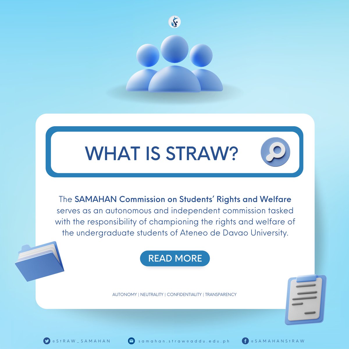 StRAW_SAMAHAN's tweet photo. As per the 2020 SAMAHAN Constitution, SAMAHAN StRAW serves as an autonomous and independent commission tasked with the responsibility of championing the rights and welfare of the undergraduate students of the Ateneo de Davao University ๐
#StRAWForEveryone ๐ฅ
#HereAndNow โก๏ธ https://t.co/r82uDkXLz7