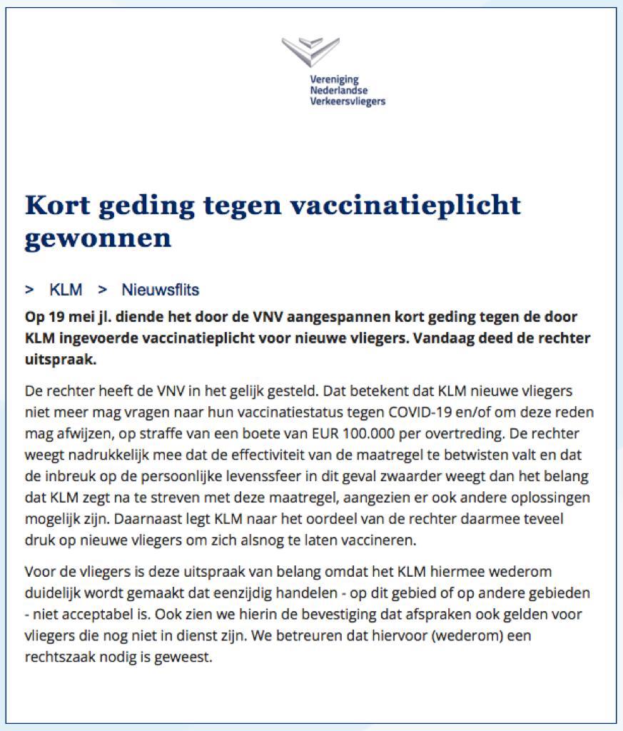 IkNet's tweet image. Breaking!
KLM mag van rechter nieuwe vliegers niet naar vaccinatiestatus vragen. Op straffe van €100.000 bij overtreding! 
Dit is een grote overwinning mensen. #jurisprudentie