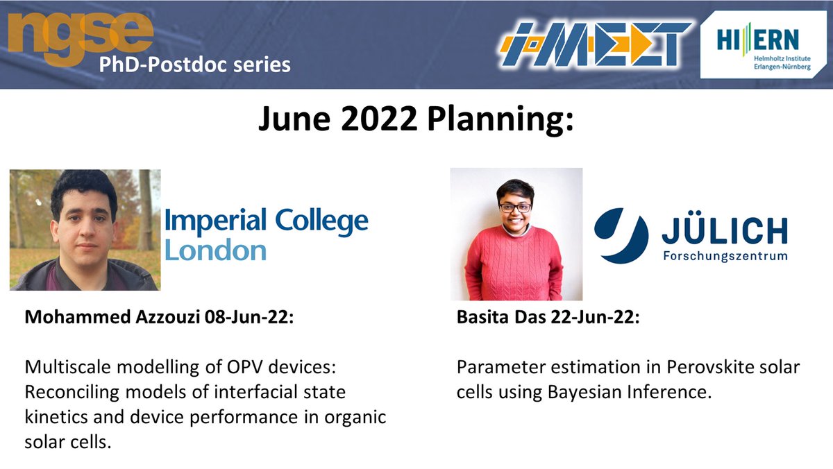 Green Energy Materials Series (@gem__series) on Twitter photo Pleased to announce our last speakers before the summer break!☀️😎
We will have one talk on #OPV by <a href="/Mo_Azzouzi/">Mohammed Azzouzi</a> from <a href="/JNelsonGroup/">Jenny Nelson Group</a> and one about #perovskite and #ML by <a href="/BasitaDas/">Basita Das</a> from <a href="/KirchartzThomas/">Thomas Kirchartz</a>'s group.
More info at:
ngse.info/phd-postdoc-se… Pleased to announce our last speakers before the summer break!☀️😎
We will have one talk on #OPV by <a href="/Mo_Azzouzi/">Mohammed Azzouzi</a> from <a href="/JNelsonGroup/">Jenny Nelson Group</a> and one about #perovskite and #ML by <a href="/BasitaDas/">Basita Das</a> from <a href="/KirchartzThomas/">Thomas Kirchartz</a>'s group.
More info at:
ngse.info/phd-postdoc-se…