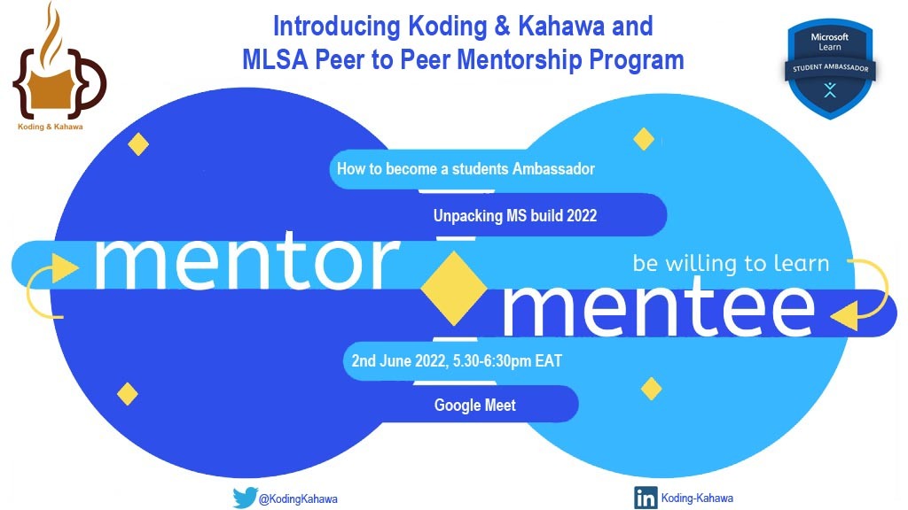 KodingKahawa's tweet photo. The Launch: Koding &amp; Kahawa and MLSA Peer to Peer Mentorship Program
Thursday, Jun 2  •  5:30 – 6:30 PM
Google Meet link: https://t.co/x1A8t1C8rm

 #network  #peertopeer #mentoring #microsoftbuild2022  #mlsa #studentambassador #kodingkahawa #developercommunity https://t.co/K7fcCH8cma