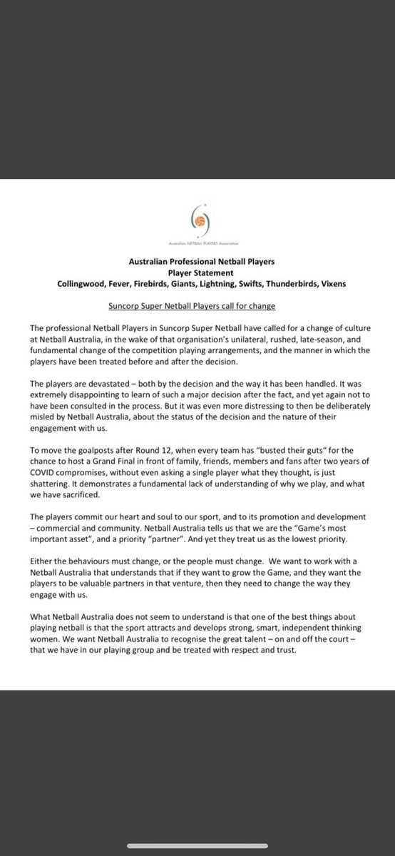 Have proudly sat on the @AusNetballPA board for the last 5 years, I love what strength the players association has shown through the ups and downs of professional sport. It’s time the same strength is shown above, by operating with transparency and respect.