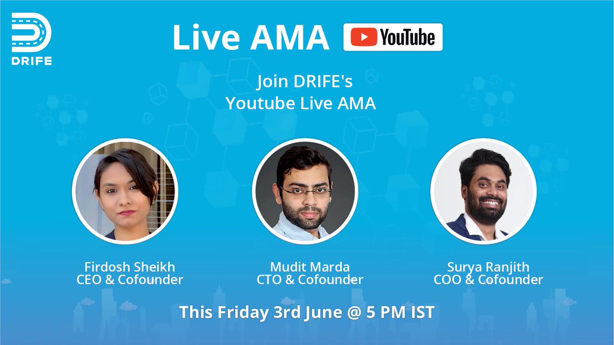 Drife_official's tweet image. 📢 DRIFERs, this month’s Live AMA is here!

Join our CEO @Firdosh_Drife, CTO @mudit_marda and COO @suryaranjith for June month’s YouTube Live AMA, this Friday! 👀

⏰ 5 PM IST(11:30 AM UTC)

Get your questions ready &amp;amp; watch this space for more 😎

#DRIFE #LiveAMA #RideWithBlue