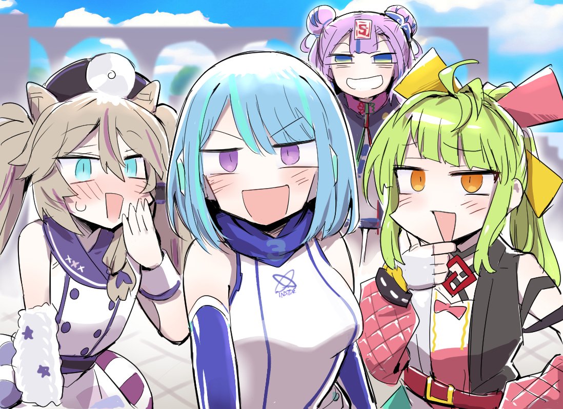 4girls multiple girls green hair double bun twintails smile open mouth  illustration images