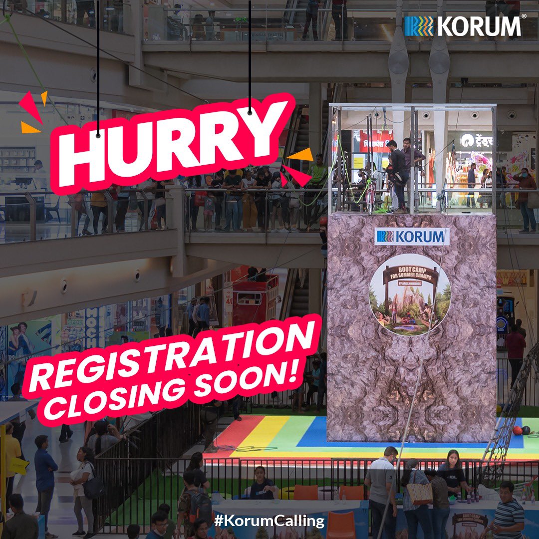 have you Registered for BootCamp yet?
HURRY UP!!! Register Now to unlock fun, thrills and adventure for your kid.☺️☺️

#korumcalling #mysafeplace #korummall #bootcamp #summer #thrill #adventure #summercamps #camping #children #learning #preschool #outdoor
#fun #entertainment