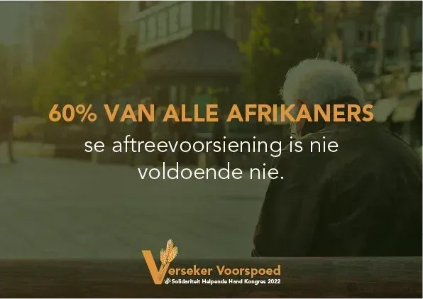 #VersekerVoorspoed. Onlangse navorsing deur <a href="/solhelpendehand/">Solhelpendehand</a> dui daarop aan dat 60% Afrikaners nie voldoende aftreevoorsiening het nie. #helpendehand #gemeenskapsnavorsing <a href="/solidariteit/">Solidariteit</a> <a href="/SBeweging/">Solidariteit Beweging / Solidarity Movement</a>