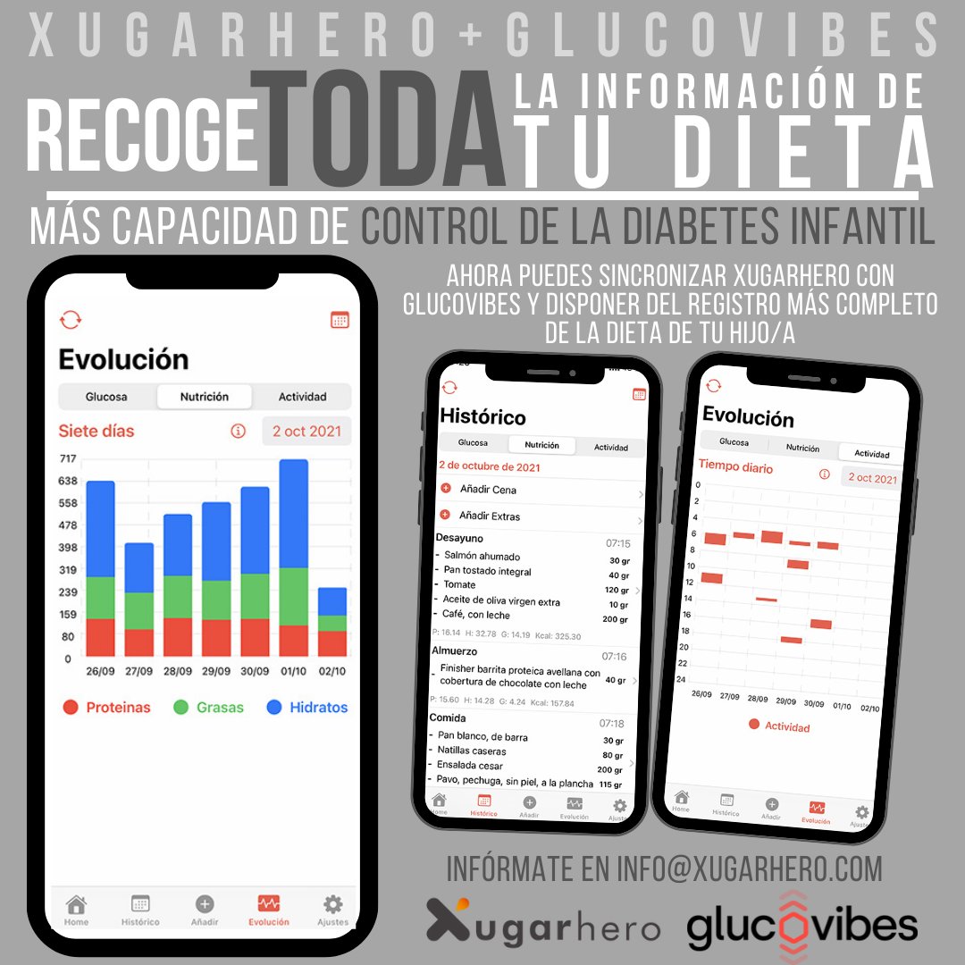 Ahora puedes unir Xugarhero con nuestra app de adultos <a href="/glucovibes/">glucovibes</a> y obtener un informe detallado de la dieta de tu hijo/a para un mejor análisis y control de su #diabetESP #dieta #nutricion #endocrinopediatra #endopediatra #pediatria #pediatra #diabetesinfantil