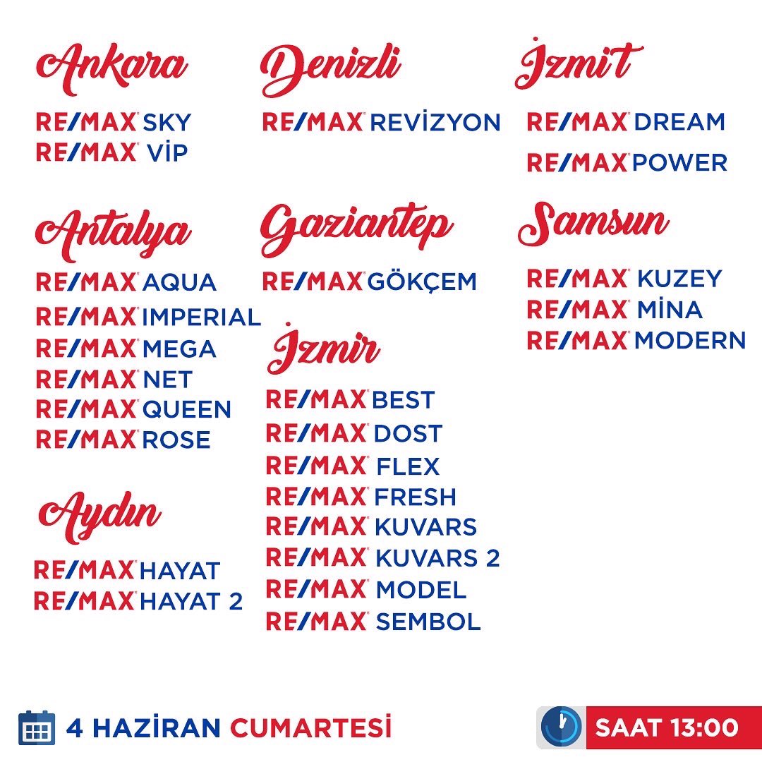 RemaxTurkiye's tweet photo. BÜYÜK RE/MAX KARİYER ZİRVESİ📣📣📣
❗️4 HAZİRAN CUMARTESİ SAAT 13:00 ❗️
AYNI ANDA 9 İLDE 45 RE/MAX OFİSİNDE SİZLERİ BEKLİYOR OLACAĞIZ
❤️🤍💙
Katılan Ofisleri Bu Paylaşımda Görebilirsin👍
Kayıt Linki
https://t.co/cNjZtBYPe0 https://t.co/7IDi1qnvSg