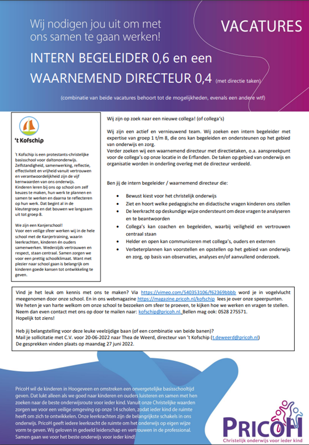 Vacature intern begeleider en waarnemend directeur 't Kofschip