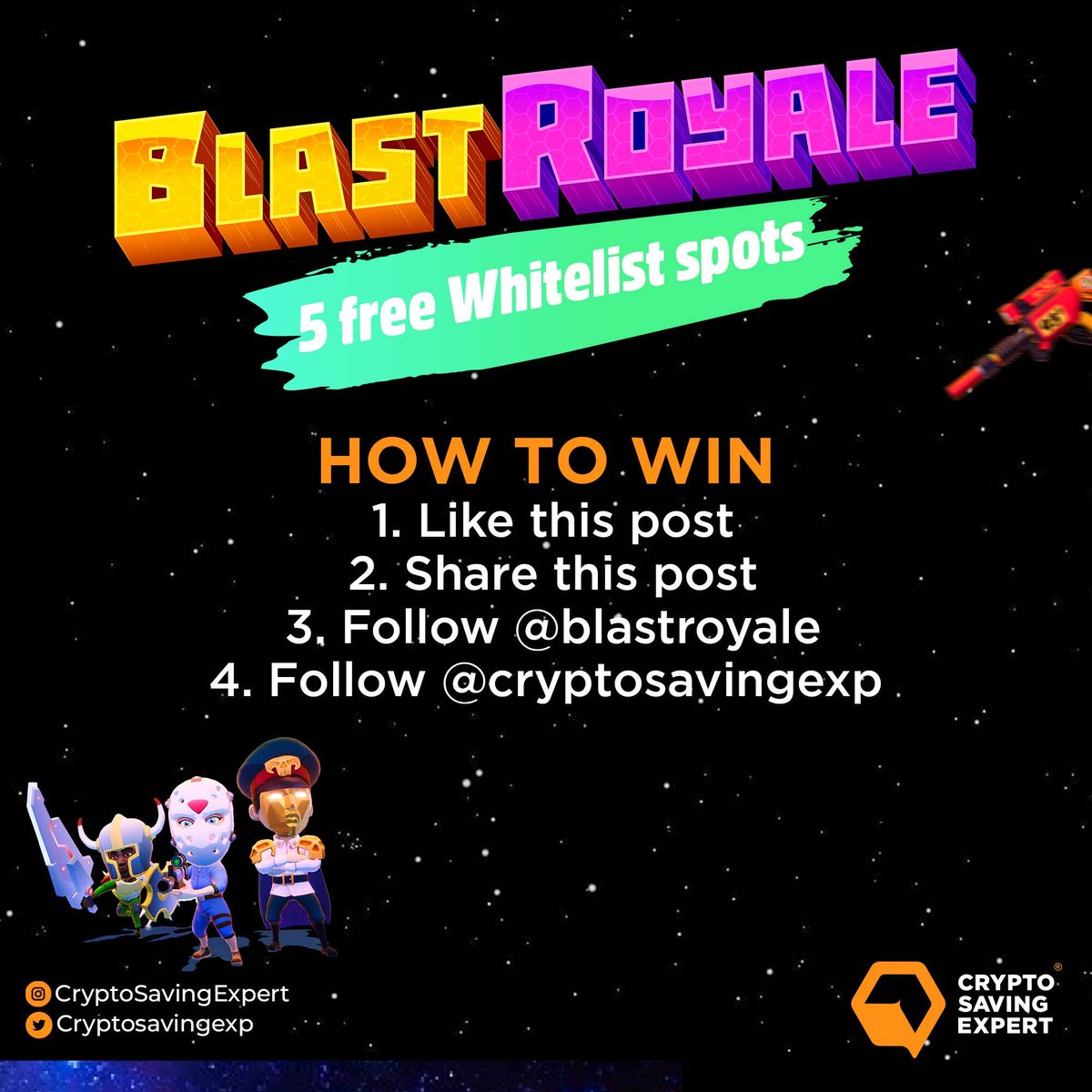 CryptoSavingExp's tweet photo. FREE BLAST ROYALE #NFT WHITELIST SPOTS! 💥

TO ENTER:
❤️ Like this post
♻️ Retweet this post
✅ Follow @CryptoSavingExp
✅ Follow @blastroyale

Draw Date - 9th June https://t.co/QzBYj2APQk