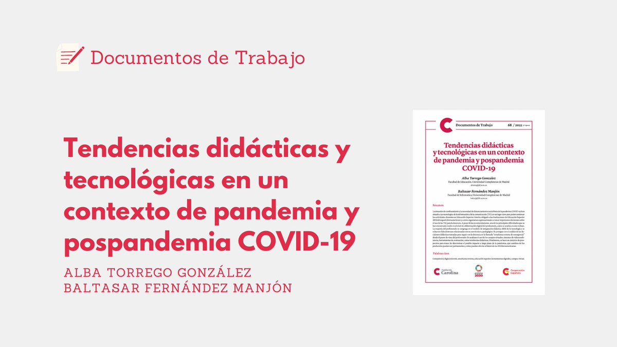 Red_Carolina's tweet photo. 🆕 #DocumentosDeTrabajo con #UniónIberoamericanaUniversidades @unicomplutense:

🔵 "Tendencias didácticas y tecnológicas en un contexto de pandemia y pospandemia COVID-19" ✍️ @albatorglez Facultad Educación y @BaltaFM Facultad Informática #Complutense

👉 https://t.co/VFCjDXsKOV https://t.co/79hnPxjj7t